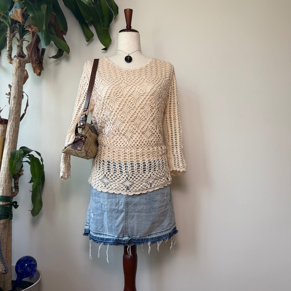 y2k Beige Crochet Knit Lined Sweater Top 3/4 Sleeve Tan Boho cottagecore Medium